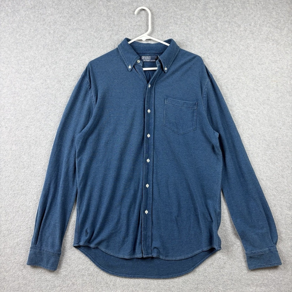 Polo Ralph Lauren Shirt Men's Medium Blue Indigo Knit Chambray Button Down Pony